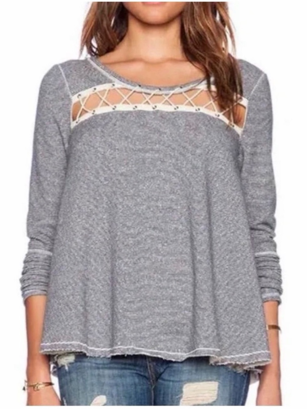 FREE PEOPLE Long Sleeve Striped Lace-Up Cut-Out Lacey Love Pullover M